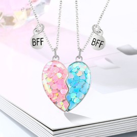 GOVENUS BFF Best Friend Necklace For Women, Matching Puzzle Split Pink Blue Heart Necklaces, Stainless Steel Friendship Gift, Silver