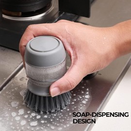 Aurum and Adorn Refillable Soap Dispensing Palm Scrub for Dishes Pot Pan Kitchen Sink, Cleaning Scrubbing Washing Up Brush with Storage Stand Holder