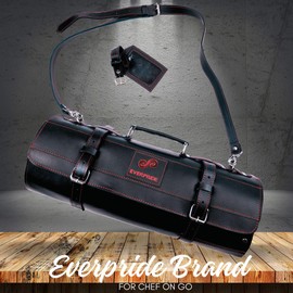 EVERPRIDE Black Leather with Gorgeous Red Trim, Professional Chef Knife Roll and Bag for Knives. Premium Leather Bag, Sturdy Construction, Luxury Collection.