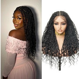 uBraids 24" Glueless Pre Cut HD Full Elastic Lace Lightweight Boho Box Braided Wig with Boho Curls for Black Women - 100 Strands - Black 1B on Clearance