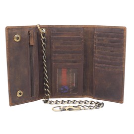Swiss Marshall Men's RFID Signal Blocking Biker's Vintage Brown Leather Long Tri-fold Chain Checkbook Card ID Wallet (Skull Brown)