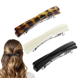 3 Pcs 2.56 Inch French Barrette Hair Clips for Women, Small Tortoise Shell Hair Clip, Curved Glossy Thin Hair Flat Hair Accessories for Women Girls(Black, White, Leopard Color)