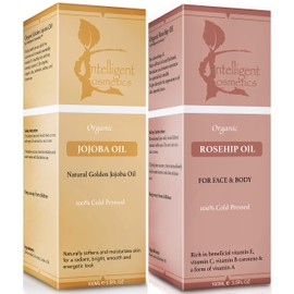 Rosehip Oil & Jojoba Oil 100% Cold Pressed Pure Certified Organic Oil 100ml in Each Bottle, Natural Vitamin E, Vitamin C, for Face, Hair, Nails, Body