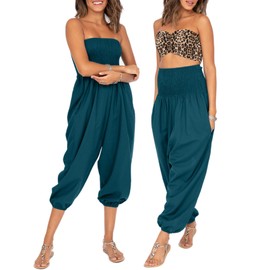 likemary - overol de harén para mujer, pantalones de harén, pantalones de algodón, bohemio, hippie, con bolsillos, traje 2 en 1, pantalones hippy azul azulado, R, verde azulado, Onesize Regular