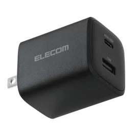 Elecom EC-AC11045BK Charger, 45W, 2 Ports, Type-C, USB-A, USB, PD Compatible, PPS Compatible, GaN II, Folding Plug, Black