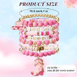 JOLYEAK 7Pcs Western Cowgirl Bracelets,Rainbow Clay Beaded Bracelet,Vintage Beaded Western Bracelet,Stackable Bohemian Bracelets for Women Cowgirl (Pink)