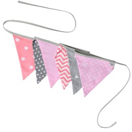 PREMYO Fabric Bunting Flags - Baby Shower Decorations Girls Nursery - Colourful Double Sided Banner Pink Grey