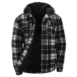 Dicodoum Black Coats for Men, Full-Zip Hoodies Warm Sherpa Fleece Jackets Hooded Cotton Blend Plaid Sweatshirt With Pockets Size L