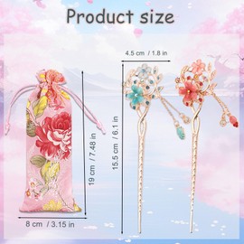 FOUNSHO Pack of 2 Retro Hair Sticks, Opal Flower, Hair Sticks, Vintage Chinese Hairpins, Elegant Hair Clip, Old Hair Sticks, Hair Decor Accessories for Women, Girls, Birthday Gift (Blue + Pink)