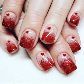 Valentine Press on Nails Red French Tip Fake Nails Short False Nails Square Artificial Nails with Glitter Design Cute Heart Glue on Nails Full Cover Stick on Nails Glossy Acrylic Nails for Women
