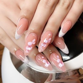 Medium Almond Press on Nails Light Pink Flower False Nails Summer Fake Nails with Floral Design White French Tip Nails Press ons Medium Glitter Acrylic Glue on Nails Kit Cute Stick on Nails for Women