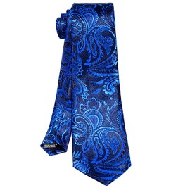 ROBERTO GABBANI Mens Blue Paisley Tie Pocket Square Cufflinks Clip Set, Silk Woven Necktie with Hanky Clip