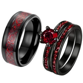 ringheart 2 Rings His and Hers Couple Rings Red Cz Rings Womens Wedding Ring Sets Titanium Steel Mens Wedding Bands