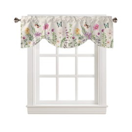 YOKOU Tie Up Curtain Valance, Flower Leaves Spring Watercolor Floral Vintage Botanical Short Rod Pocket Adjustable Window Curtains for Living Room, Bedroom, Kitchen, Bathroom, 1 Panel, 60" X 18"