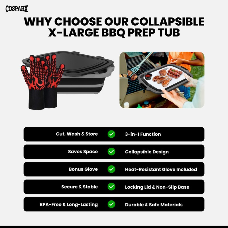 XL Collapsible BBQ Prep Tub with Cutting Board & Drain