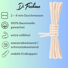 Di Ficchiano Premium Waxed Laces, Round Laces for Leather Business Shoes, Diameter 2 - 4 mm, Length 45 - 200 cm, Tear-Resistant - Off-White - 75 cm