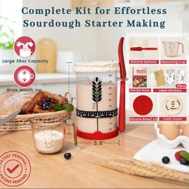 Sourdough Starter Kit - 38oz, with Cookbook, Measuring Cup, Spatula, Wide Mouth Jar Cover, Thermometer, Date Marked Feeding Band, Sourdough Starter Jar Glass for Baker, Sourdough Bread Baking Supplies