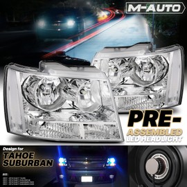 M-AUTO OE Style Chrome Headlights Assembly w/ 4 Pre-assembled 6000K LED Bulbs Compatible with 2007-2014 Chevy Tahoe Suburban 1500, 2007-2013 Avalanche Suburban 2500