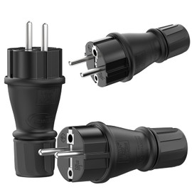 Schuko Plug 230 V IP54 - Set of 3 Robust Protective Contact Plugs Made of Rubber and Plastic, Black, Hermetically Sealed Design, Perfect for Outdoor Use, 3-Pin Power Plug