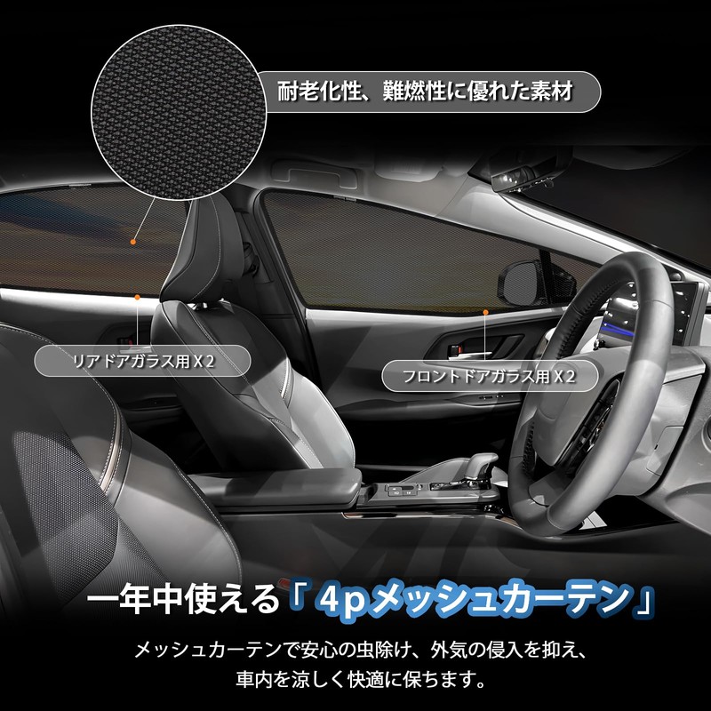 新型 プリウス60系 メッシュカーテン マグネット式 遮光 換気 サイドバイザー 車用 PRIUS 60