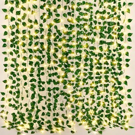 Daifunli 18 Pack 127ft Vines with Lights Artificial Ivy Vines for Room with 100 LED String Lights Fake Green Garland Hanging Leaf Plants for Garden Office Wedding Home Party Wall Decoration