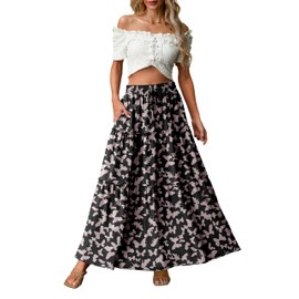 Qixing Womens Floral Boho Maxi Skirt Elastic High Waist Pleated A-Line Flowy Long Skirts