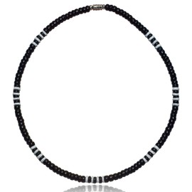 Native Treasure 22" Men Women Tropical Summer Beach Surfer Necklace From the Philippines, White Clam Heishe Ark Shells and Black Coconut Beads, Mens Summer Necklace