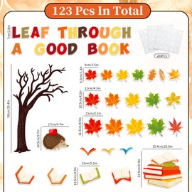 FYSUIMU 123Pcs Fall Reading Bulletin Board Set Fall Maple Leaves Tree Book Cutouts with 200Pcs Glue Points for Autumn Thanksgiving Party Classroom Chalkboard Wall Decor
