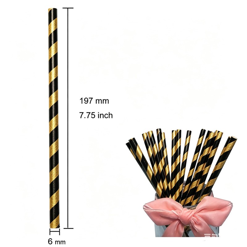 Paper Straws Biodegraddable (Black Gold Striped)
