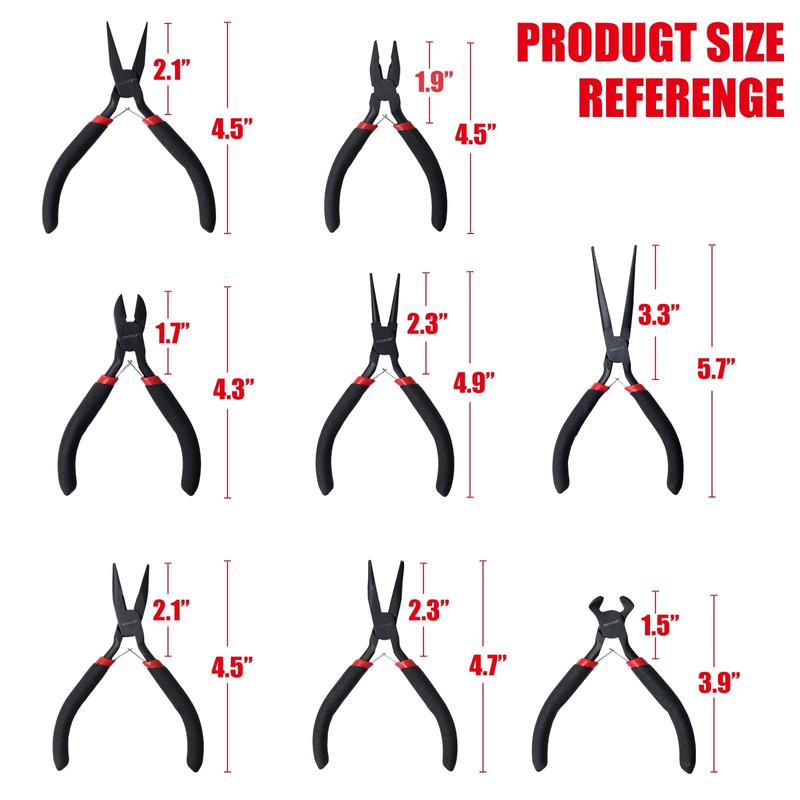WISEUP 8-Piece Mini Pliers Set，Needle, Round, Flat, Long, Bent Nose,