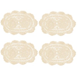 kilofly Crochet Cotton Lace Placemats Doilies 4pc, Oval, Beige, 10 x 14 inch