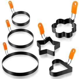 6 Pcs Professional Egg Ring Pancake Ring Set Stainless Steel Fried Egg Ring Griddle Pancake Shapers with Orange Silicone Handle for Breakfast Omelette Sandwich (Assorted Style, 3, 3.5, 4, 6, 8 Inch)