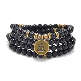 108 Mala Beads Bracelet Necklace with Yoga Symbol Buddha Charm – Gold-Plated Meditation Jewelry, Healing Stone, Ideal Spiritual Gift for Yoga & Meditation (Black Agate)