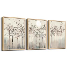 Natural Wood Framed Art Prints Wall Decorations For Living Room Wall Art For Bedroom Office Wall Decor Artworks Sunshine Trees And Birds Abstract Paintings Modern Home Frame Pictures Decor 3 Piece