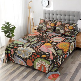 Pamnest Full Size Bed Sheet Sets, Chinese Flower Retro Soft Microfiber 4 Pcs Bedding Sets for Kids and Adults Bedroom Bed Decor, Floral Bird Vintage Flat, Fitted Sheet and Pillowcases