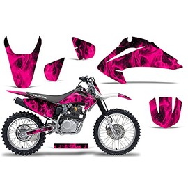 Wholesale Decals MX Dirt Bike Graphics kit with Number Plate Sticker Decals Compatible with Honda CRF150 and CRF230F 2003-2007 - Flames Pink