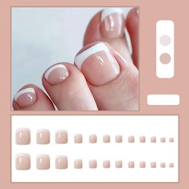 24 Stück Künstliche Fußnägel zum Aufkleben, Quadratisch Falsche Zehennägel Tips mit Kleber - Fußnägel zum Aufkleben für Frauen Mädchen (White French)