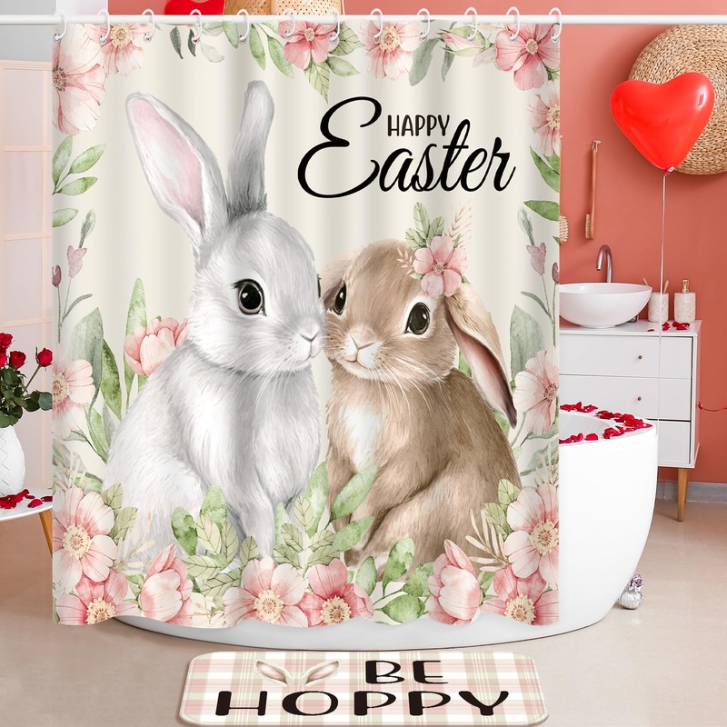 Rtteri 4 Pcs Happy Easter Bunny Shower Curtain Set with