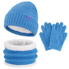 ZASFOU Toddler Kids Winter Hat Scarf Gloves Set Cold Weather Microfiber Beanie Hats Fleece Neck Warmer for 4 5 6 7 8 Year Old Boys Girls Gifts Blue