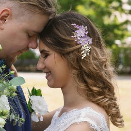 PRETTYLIFE Purple Flower Hair Clips Bridal Pearl Leaf Crystal Floral Hair Pieces Accessories for Wedding Prom