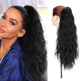 24" Corn Wave Ponytail Extension Claw Clip on Ponytails Wavy Curly Hair Extensions Jaw Pony Tail Hairpiece Jet Black