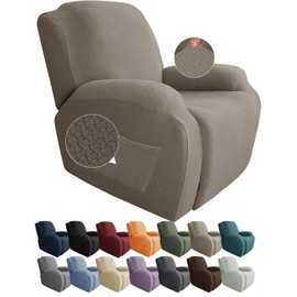 JIVINER Newest Design 4-Piece Recliner Chair Covers Stretch Jacquard Covers for Recliner Chair Recliner Slipcovers for Living Room Soft Recliner Protector with Pocket (Recliner, Khaki)