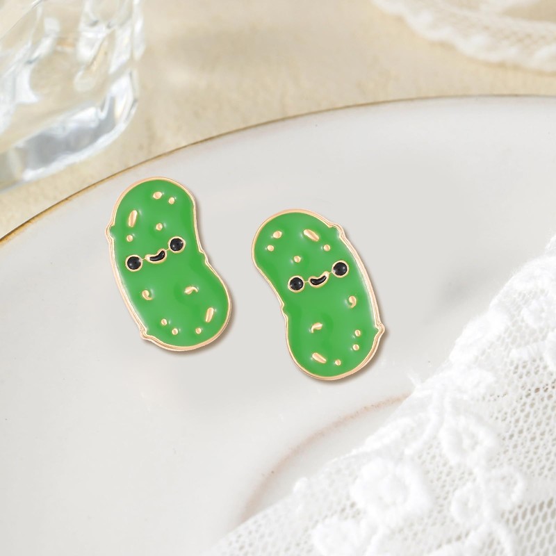 Pickle Earrings For Women,Cute Pickle Enamel Studs,Green Enamel with Gold