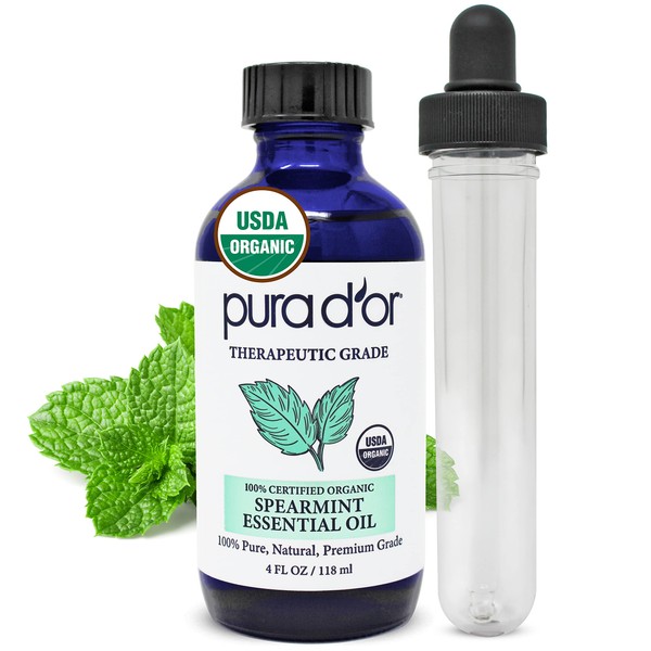 PURA D'OR Organic Spearmint Essential Oil (4oz with Glass Dropper) 100% Pure & Natural Therapeutic Grade for Hair, Body, Skin, Aromatherapy Diffuser, Relaxation, Massage, Mood, Focus, Home, DIY Soap