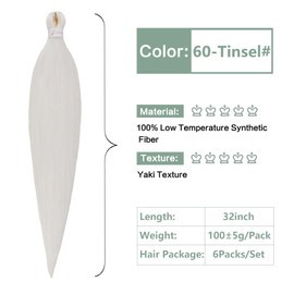 Synthetic Hair for Braiding Pre-Stretched Braiding Hair White Glitz 32 Inch 6 Pack Braids Extensions Yaki Texture Easy to Braid for Beginners Lightweight Natural Hair for Box Braids Twists