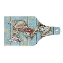 Ambesonne Letter M Cutting Board, Aquatic Inspirations with a Wooden Background Ocean Pale Colored, Decorative Tempered Glass Cutting and Serving Board, Wine Bottle Shape, Pale Blue Ivory Dark Coral