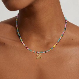Yifnny Colorful Beaded Initial Necklaces, Letter Pendant Summer Beach Necklace Boho 18K Gold Plated Jewelry Gold Initial Rainbow Beaded Necklace Colorful Beaded Choker for Women (Z)
