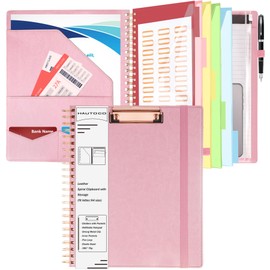 HAUTOCO Clipboard Folder with Storage Zip Bag, Spiral Clipboard Folio with Refillable Lined Notepad, 5 Folders Dividers with 10 Pockets, Leather Clip Board Portfolio Folder for Office School, Pink