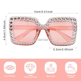 Lotsdonxia Rhinestone Square Sunglasses Large Frame Crystal Sunglasses Dazzling Costume Accessories for Parties, Festivals, and Glamorous Outfits (Pink)