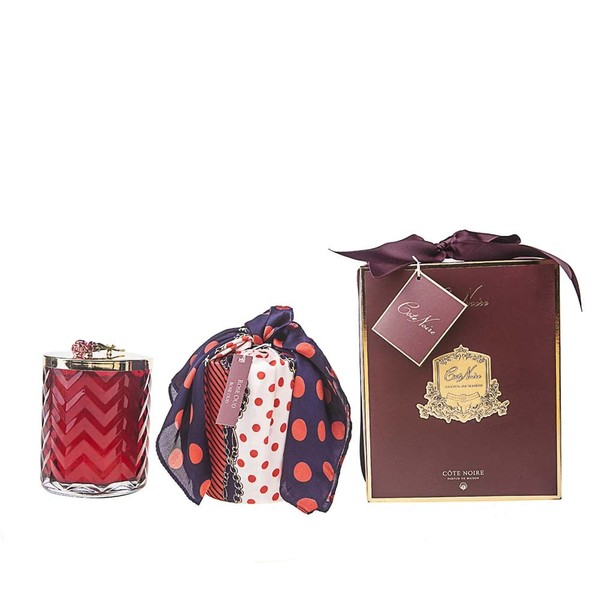 Cote Noire-Red Herringbone Candle with Scarf Rose Oud and Red Rose Lid
